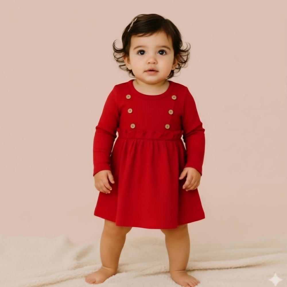 Crimson Red Girls Ribbed Dress Long Sleeve Ruffle Waist Holiday Photo Outfit
